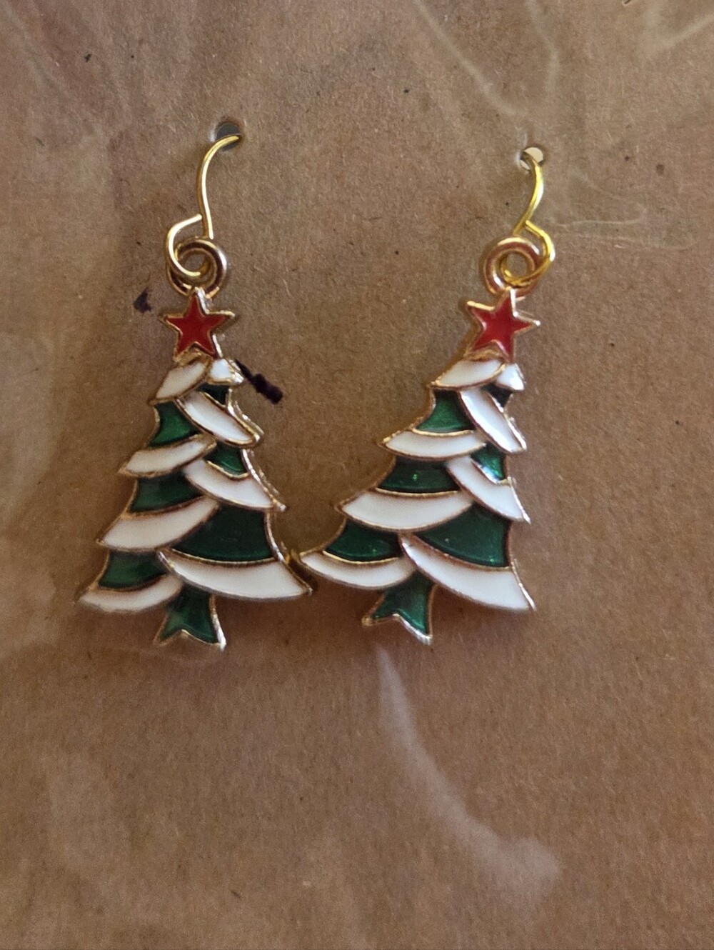 Festive Green and White Christmas Tree Drop Earrings with Red Star Accent
